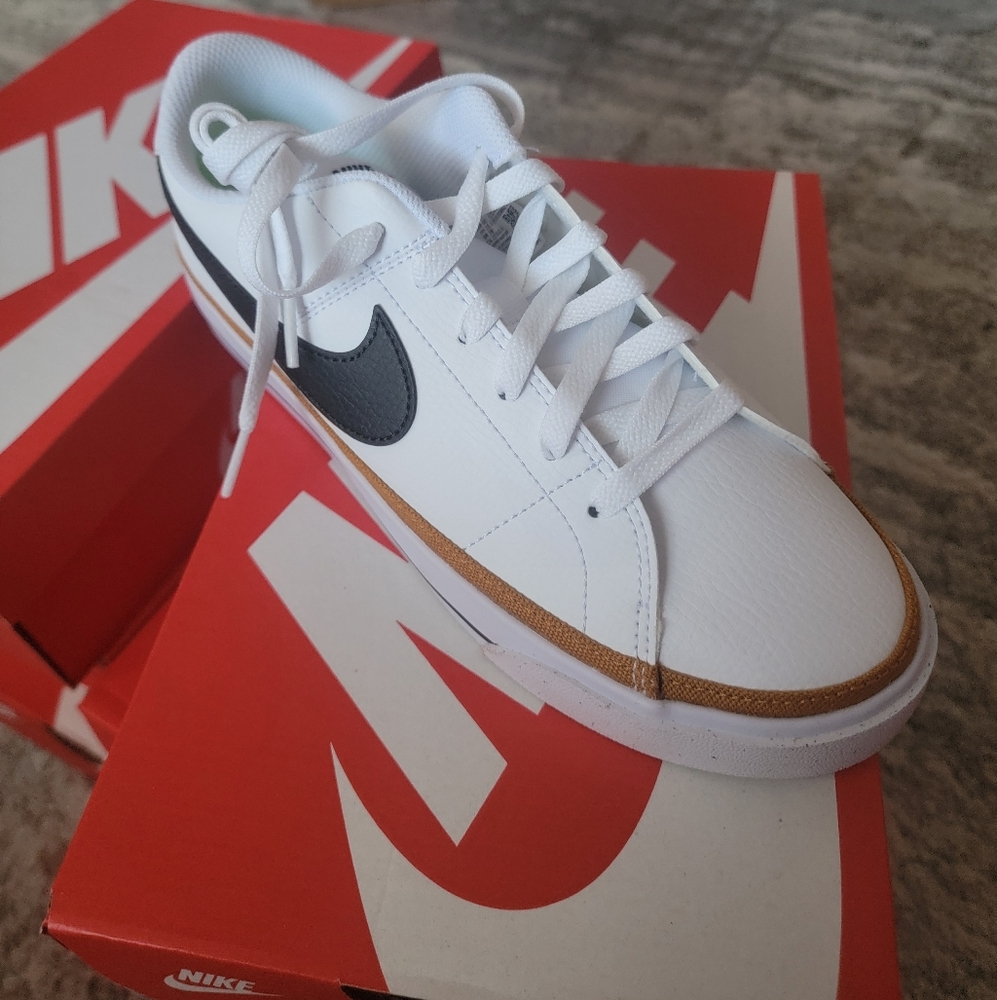 Nike Women's Court Legacy White Sneakers with Black Swoosh and Gold Trim